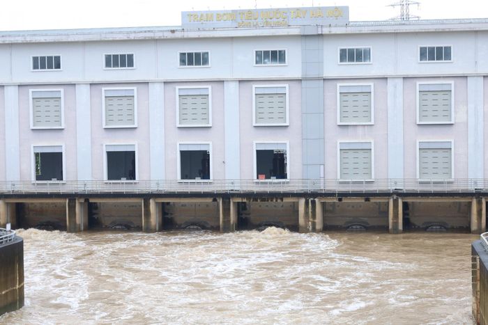 Vận hành Trạm bơm tiêu Yên Nghĩa ra sông Đáy. Ảnh: Bảo Châu