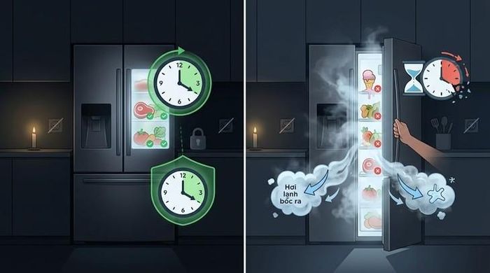 Tủ lạnh đóng kín thường giữ thực phẩm ở nhiệt độ an toàn khoảng 4 giờ khi mất điện; mở cửa nhiều lần sẽ làm hơi lạnh thất thoát nhanh hơn. Hình minh họa AI