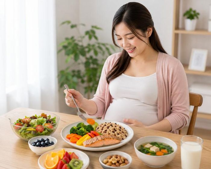 Chế độ ăn cho thai phụ có mỡ máu cao phải đảm bảo đủ dinh dưỡng cho thai nhi và không ảnh hưởng sức khỏe của mẹ. Ảnh minh họa AI.