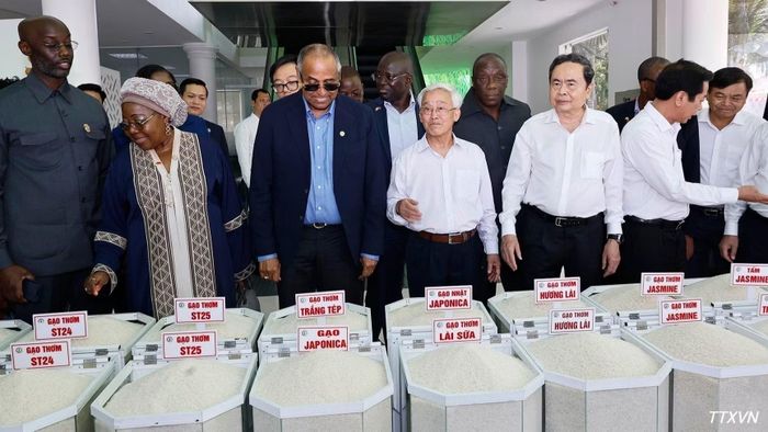 Chủ tịch Quốc hội Trần Thanh Mẫn và Chủ tịch Quốc hội Bờ Biển Ngà Patrick Achi đến thăm, làm việc với Công ty Nông nghiệp công nghệ cao Trung An. (Ảnh: Doãn Tấn/TTXVN)