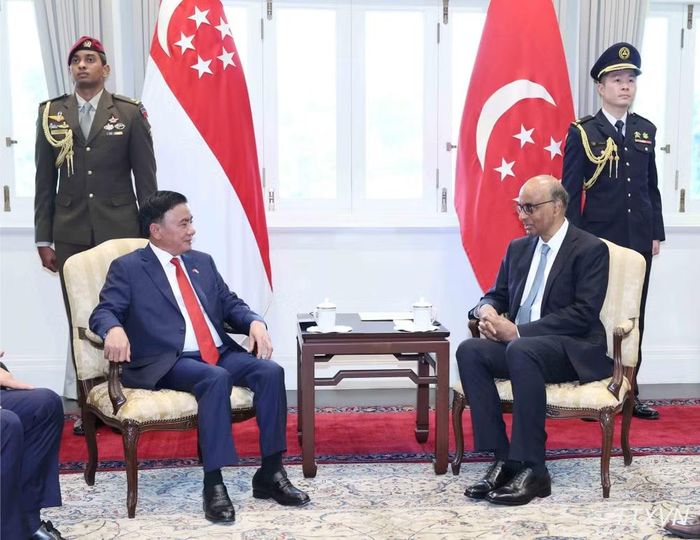Thường trực Ban Bí thư Trần Cẩm Tú hội kiến Tổng thống Singapore Tharman Shanmugaratnam. (Ảnh: Phương Hoa/TTXVN)