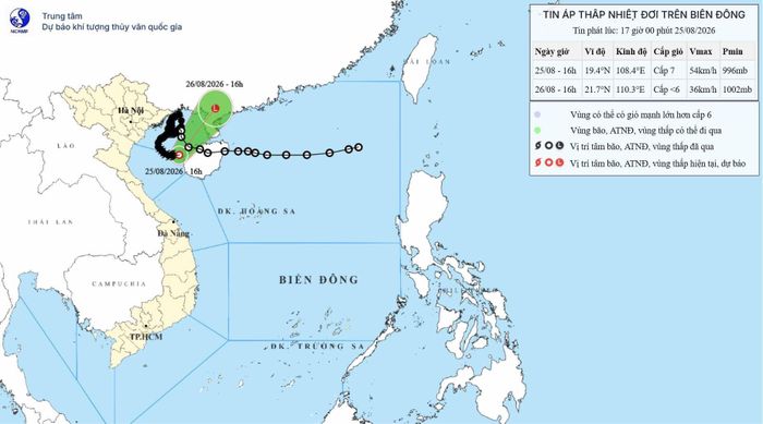 Vị trí áp thấp nhiệt đới (suy yếu từ bão số 4) chiều nay 25-8. Đồ họa: Trung tâm Dự báo khí tượng - thủy văn quốc gia