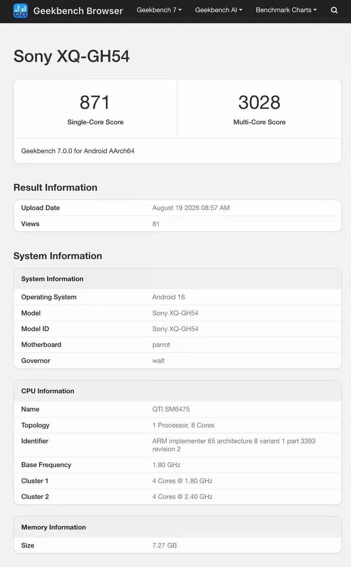 Kết quả benchmark thể hiện các thông số của mẫu smartphone Sony tầm trung.