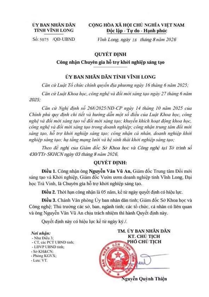Quyết định của UBND tỉnh Vĩnh Long công nhận TS Nguyễn Văn Vũ An là Chuyên gia hỗ trợ khởi nghiệp sáng tạo trong thời hạn 5 năm.