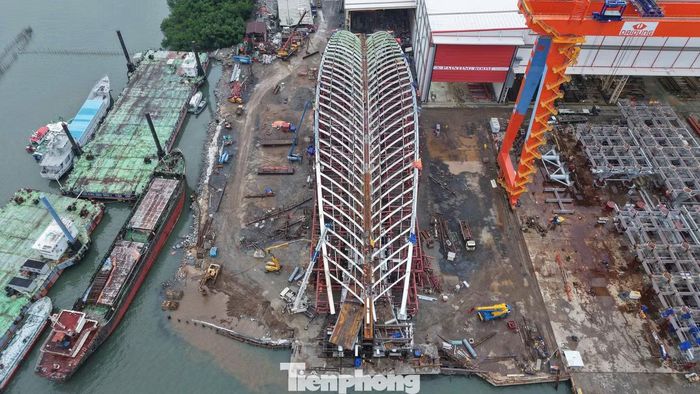 Vòm thép nhịp chính cầu đi bộ vượt sông Sài Gòn có hình dáng như chiếc lá dừa nước.