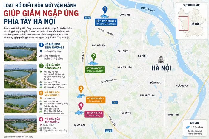 Vị trí và thông tin các hồ điều hòa phía Tây Hà Nội. (Ảnh được tạo bởi AI)