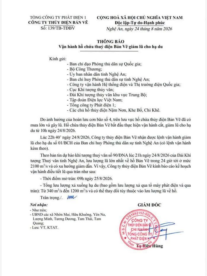 Thông báo của Công ty Thủy điện Bản Vẽ về việc vận hành hồ chứa, xả nước qua tràn để giảm lũ cho khu vực hạ du.