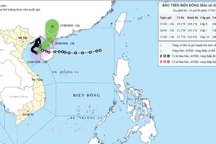 Bản đồ dự báo quỹ đạo và cường độ bão (lúc 14h00 ngày 25/8/2026).