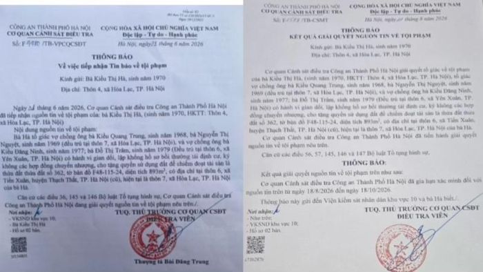 Các Thông báo tiếp nhận và gia hạn xác minh của Cơ quan CSĐT Công an Thành phố Hà Nội theo tố giác tội phạm của công dân.