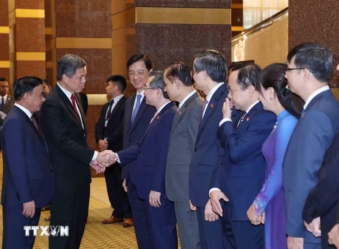 Thường trực Ban Bí thư Trần Cẩm Tú giới thiệu thành viên đoàn cấp cao Việt Nam với Phó Tổng Thư ký Đảng Hành động Nhân dân Singapore, Bộ trưởng Bộ Quốc phòng kiêm Bộ trưởng Điều phối dịch vụ công Chan Chun Sing. (Ảnh: Phương Hoa/TTXVN)