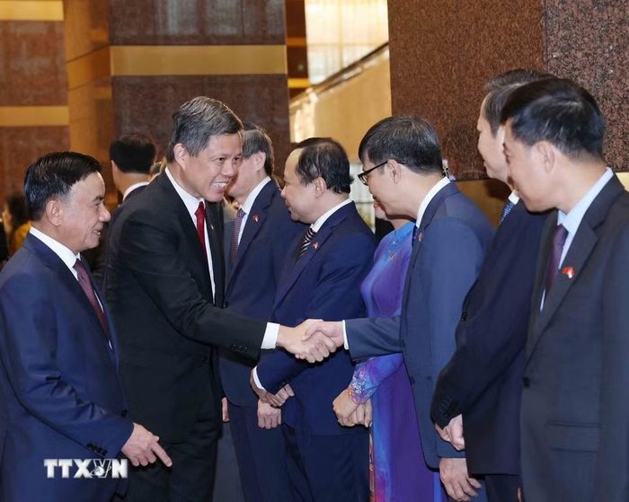 Thường trực Ban Bí thư Trần Cẩm Tú giới thiệu thành viên đoàn cấp cao Việt Nam với Phó Tổng Thư ký Đảng Hành động Nhân dân Singapore, Bộ trưởng Bộ Quốc phòng kiêm Bộ trưởng Điều phối dịch vụ công Chan Chun Sing. (Ảnh: Phương Hoa/TTXVN)