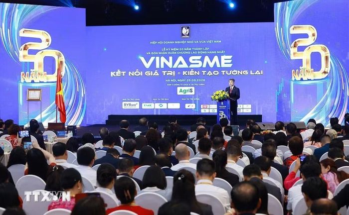 Thủ tướng Lê Minh Hưng phát biểu tại Lễ kỷ niệm 20 năm thành lập Hiệp hội Doanh nghiệp nhỏ và vừa Việt Nam. (Ảnh: Dương Giang/TTXVN)
