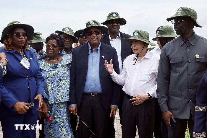 Chủ tịch Quốc hội Trần Thanh Mẫn và Chủ tịch Quốc hội Cộng hòa Côte d’Ivoire Patrick Achi thăm cánh đồng trình diễn giống lúa triển vọng vụ Hè-Thu 2026. (Ảnh: Doãn Tấn/TTXVN)