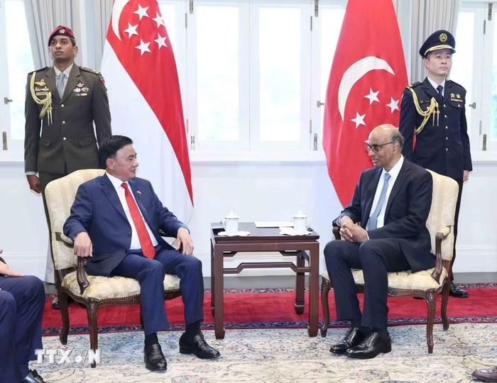 Thường trực Ban Bí thư Trần Cẩm Tú hội kiến Tổng thống Singapore Tharman Shanmugaratnam. (Ảnh: Phương Hoa/TTXVN)