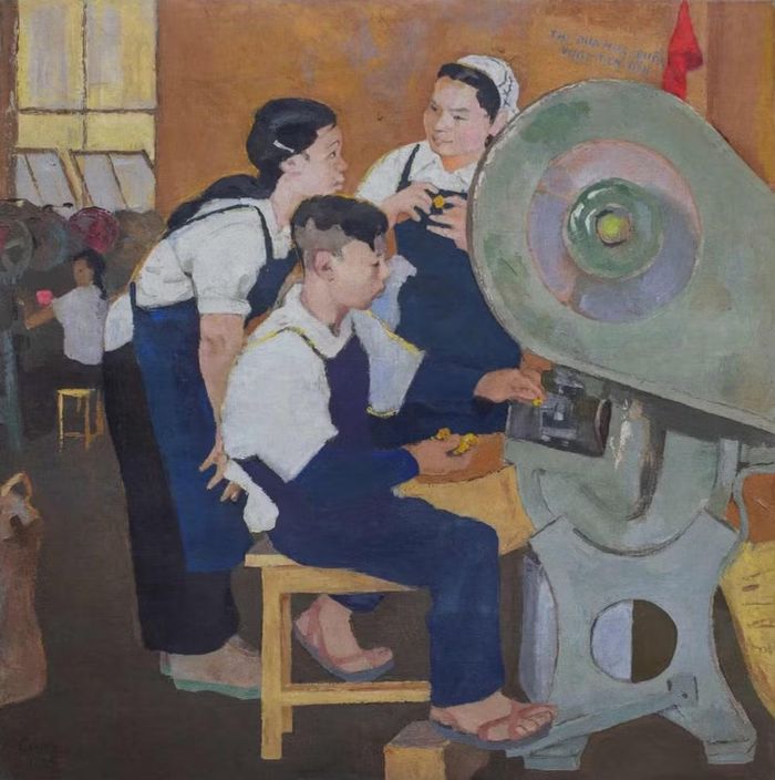 "Học hỏi lẫn nhau" (1960) tranh sơn dầu của họa sỹ Nguyễn Đỗ Cung.