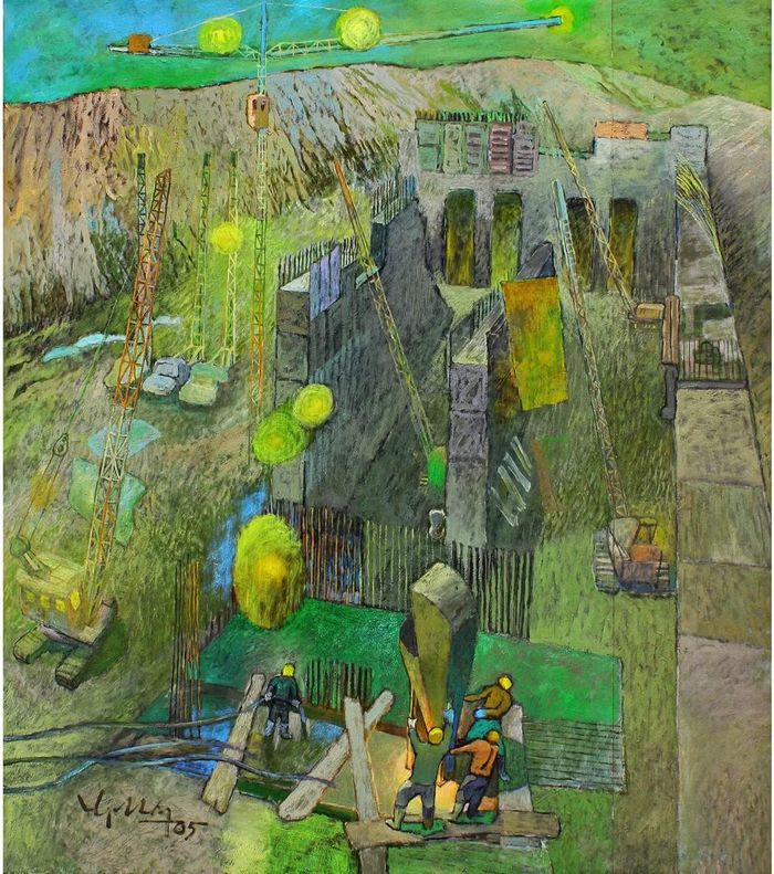 "Đổ móng kênh dẫn thuỷ điện Sơn La" (2005) chất liệu sơn dầu, họa sỹ Lò An Quang.