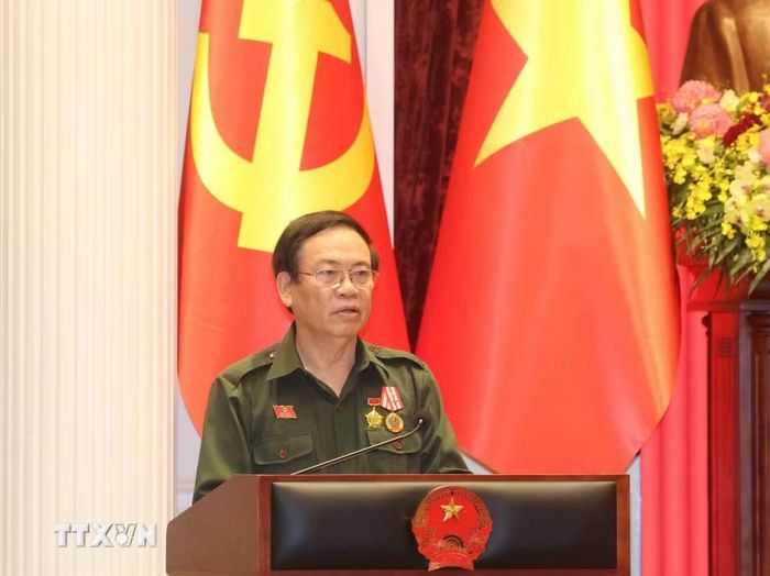 Đồng chí Vũ Trọng Kim, Chủ tịch Hội Cựu thanh niên xung phong Việt Nam báo cáo công tác hội. (Ảnh: Thống Nhất/TTXVN)