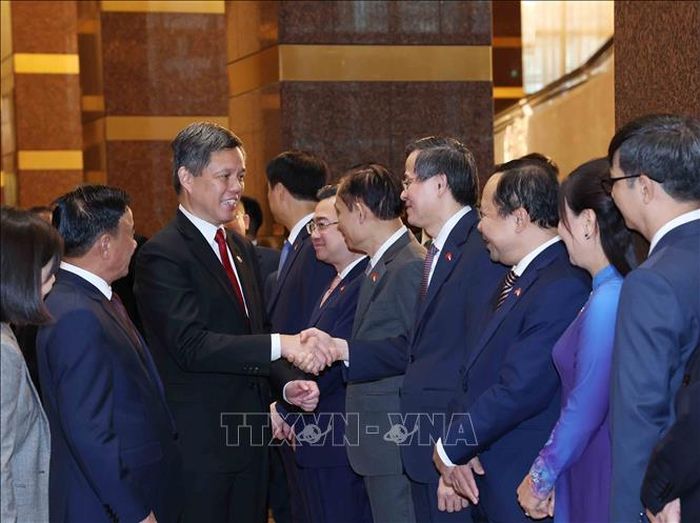 Thường trực Ban Bí thư Trần Cẩm Tú giới thiệu thành viên đoàn cấp cao Việt Nam với Phó Tổng Thư ký Đảng Hành động Nhân dân Singapore, Bộ trưởng Bộ Quốc phòng kiêm Bộ trưởng Điều phối dịch vụ công Chan Chun Sing. Ảnh: Phương Hoa/TTXVN