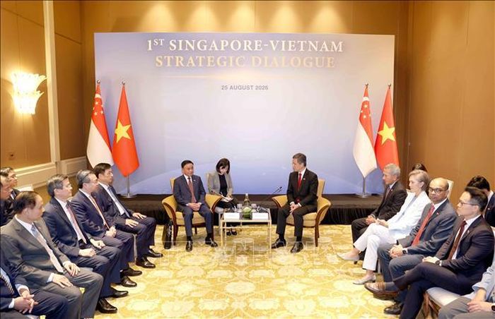 Phó Tổng Thư ký Đảng Hành động Nhân dân Singapore, Bộ trưởng Bộ Quốc phòng kiêm Bộ trưởng Điều phối dịch vụ công Chan Chun Sing chủ trì Lễ đón chính thức Ủy viên Bộ Chính trị, Thường trực Ban Bí thư Trần Cẩm Tú và đoàn cấp cao Đảng Cộng sản Việt Nam. Ảnh: Phương Hoa/TTXVN