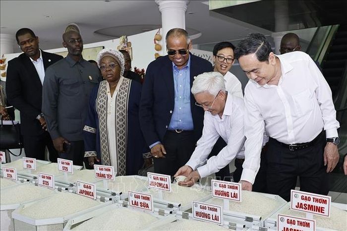 Chủ tịch Quốc hội Trần Thanh Mẫn và Chủ tịch Quốc hội Côte d’Ivoire Patrick Achi xem sản phẩm gạo của Công ty Nông nghiệp công nghệ cao Trung An. Ảnh: Doãn Tấn/TTXVN