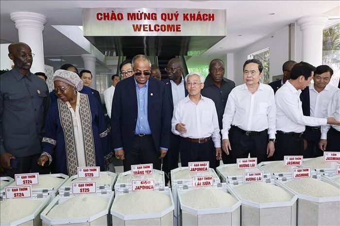 Chủ tịch Quốc hội Trần Thanh Mẫn và Chủ tịch Quốc hội Côte d’Ivoire Patrick Achi đến thăm, làm việc với Công ty Nông nghiệp công nghệ cao Trung An. Ảnh: Doãn Tấn/TTXVN