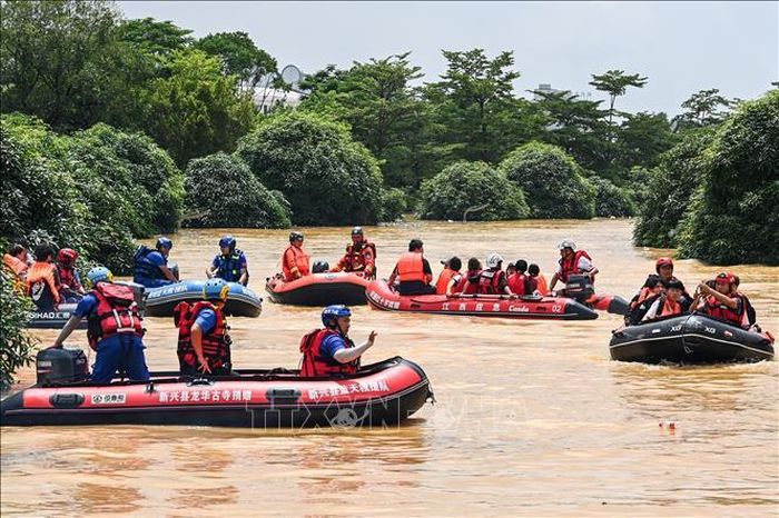 Lực lượng cứu hộ sơ tán người dân mắc kẹt trong vùng ngập lụt do bão Maysak ở thành phố Quý Cảng ngày 9/7/2026. Ảnh minh họa: THX/TTXVN phát