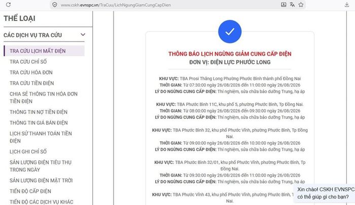 Lịch ngừng cấp điện tại Đồng Nai ngày mai 26/8 được cập nhật trên website của EVNSPC lúc 11h04 ngày 25/8. Ảnh: BNEWS phát
