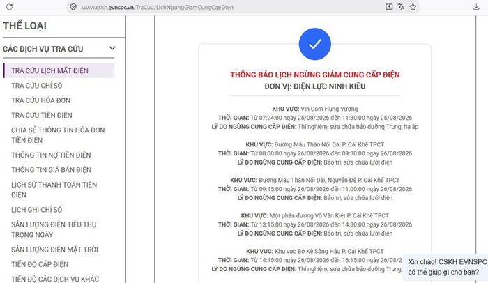 Lịch ngừng cấp điện tại Cần Thơ ngày mai 26/8 được cập nhật trên website của EVNSPC lúc 10h55 ngày 25/8. Ảnh: BNEWS phát