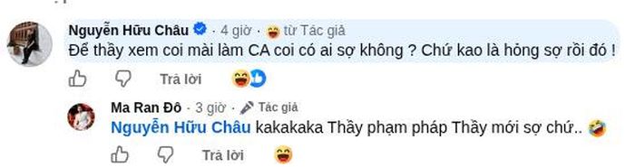 NSƯT Hữu Châu hài hước “thách thức” học trò khi Ma Ran Đô hóa thân thành chiến sĩ công an. Ảnh: FBNV