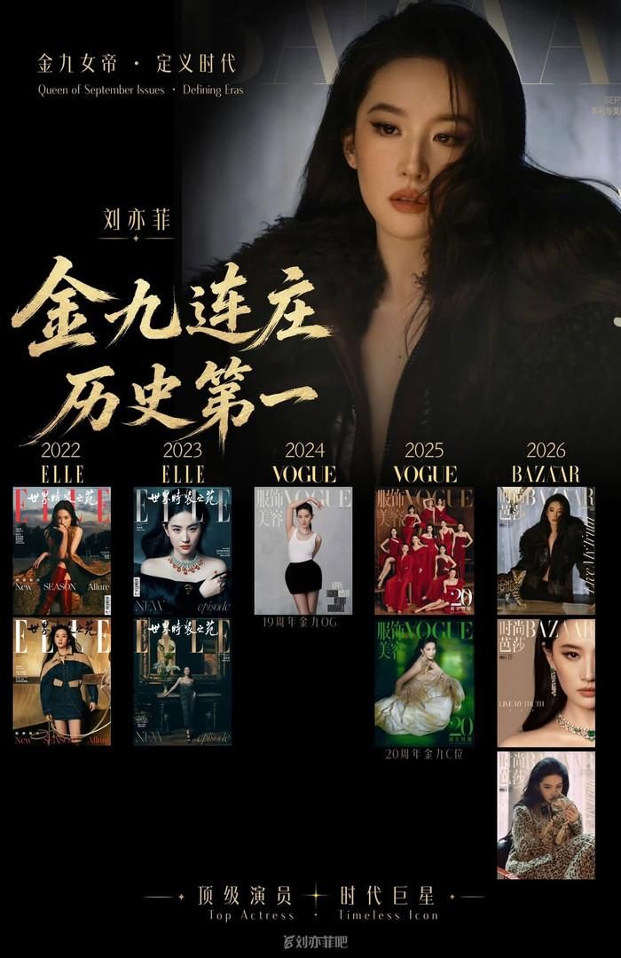 Lưu Diệc Phi lần lượt xuất hiện trên bìa Kim Cửu của ELLE năm 2022, 2023, Vogue năm 2024, 2025 và Harper's Bazaar năm 2026. Ảnh: Weibo.