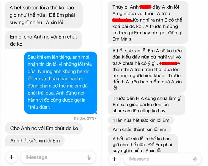 Diễn viên Ngọc Thủy công khai đoạn tin nhắn người đàn ông có hành động khiếm nhã đã xin lỗi cô, sau khi bị bóc phốt. Ảnh: FB Diễn viên Ngọc Thủy