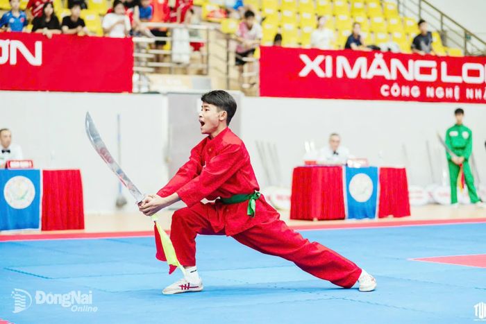 Vận động viên Lê Hải Bình biểu diễn nội dung tự chọn binh khí ngắn đơn nhóm 11-14 tuổi. Ảnh: ĐVCC
