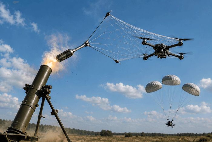 Hình minh họa súng cối bắn ra quả đạn đặc biệt để khắc chế drone. Ảnh: B.Đ