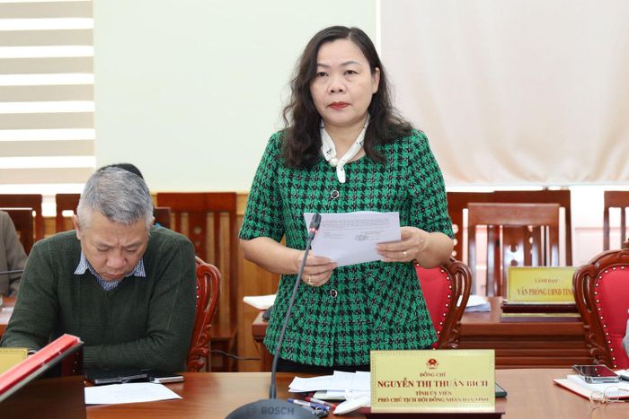 Tỉnh ủy viên, Phó Chủ tịch HĐND tỉnh, Trưởng Ban Văn hóa - Xã hội HĐND tỉnh Nguyễn Thị Thuận Bích báo cáo rà soát các nội dung thuộc thẩm quyền