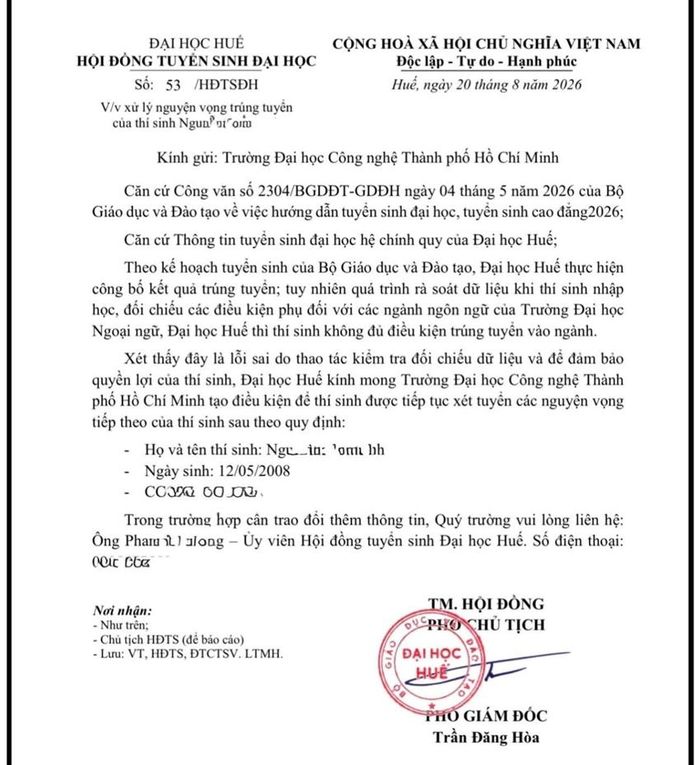 Đại học Huế có công văn gửi đến các trường để phối hợp xử lý nguyện vọng trúng tuyển cho thí sinh.