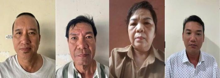 Bị can Đỗ Viết Dự, Phạm Ngọc Liềm, Nguyễn Thị Mỹ Cơ, Phan Tấn Thạnh. (Ảnh: Công an tỉnh An Giang)