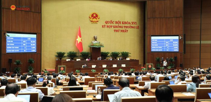Quốc hội biểu quyết thông qua Nghị quyết quy định cơ chế, chính sách đặc thù để tháo gỡ khó khăn, vướng mắc trong việc thực hiện các dự án, công trình phục vụ Hội nghị cấp cao APEC 2027 tại Đặc khu Phú Quốc, tỉnh An Giang. Ảnh: Khánh Duy