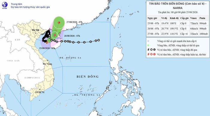 Hướng di chuyển của bão số 4 lúc 8:00 sáng ngày 25/8. Ảnh: NCHMF