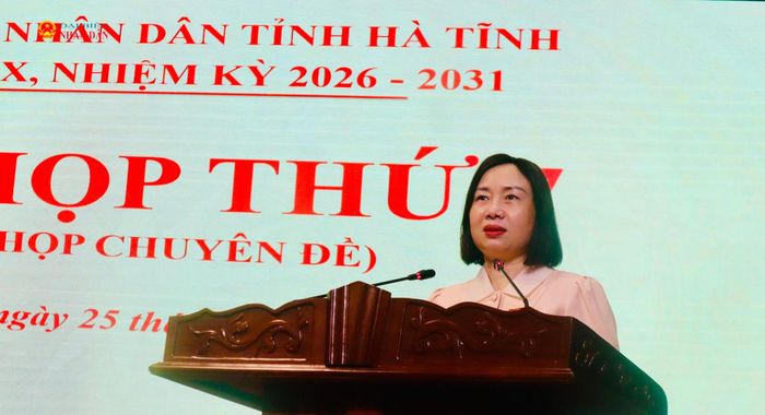 Trưởng ban Kinh tế - Ngân sách HĐND tỉnh Nguyễn Thị Thuý Nga trình bày báo cáo thẩm tra