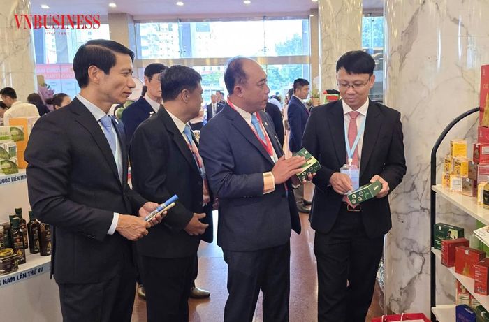 Phó Chủ tịch UBND tỉnh Khánh Hòa Nguyễn Thanh Hà (ngoài cùng bên phải) tham quan không gian trưng bày sản phẩm OCOP và sản phẩm tiêu biểu của các HTX trên toàn quốc bên lề Đại hội VII.