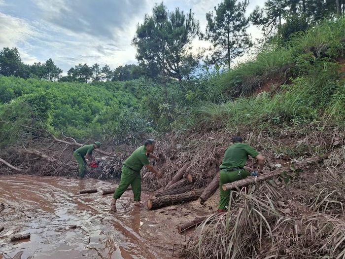 Công an xã Mẫu Sơn dọn dẹp vệ sinh môi trường, thu gom cây gãy đổ khôi phục cuộc sống cho người dân.