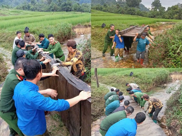  Công an xã Côn Lôn phối hợp các lực lượng sửa chữa cầu gỗ dân sinh bị hư hỏng do mưa lũ. 