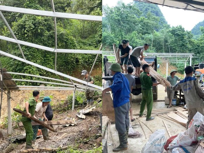  Công an xã Tân Thanh phối hợp với các lực lượng hỗ trợ hộ gia đình ông Phạm Văn Nghĩa di chuyển, sơ tán tài sản đến nơi an toàn. 