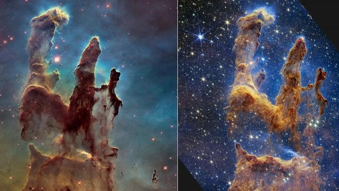 Cột trụ Sáng Thế, ảnh chụp từ Hubble và James Webb đặt cạnh nhau. Ảnh: NASA