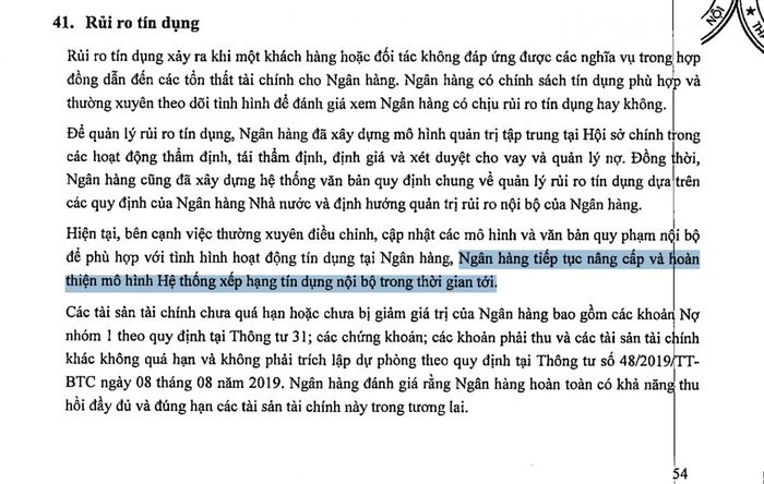 Thuyết minh về rủi ro tín dụng cho biết PVcomBank tiếp tục nâng cấp và hoàn thiện mô hình Hệ thống xếp hạng tín dụng nội bộ trong thời gian tới. Ảnh chụp báo cáo hợp nhất quý II/2026.