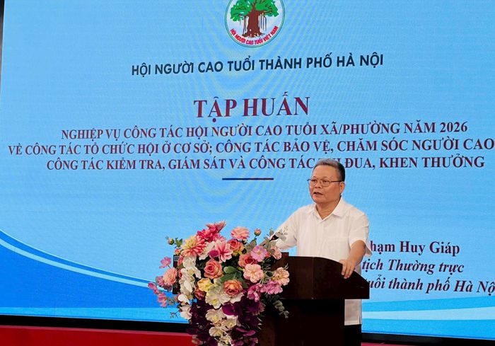 Phó Chủ tịch Thường trực Hội Người cao tuổi thành phố Hà Nội Phạm Huy Giáp truyền đạt nội dung về công tác tổ chức; bảo vệ, chăm sóc người cao tuổi. Ảnh: Bảo Lâm