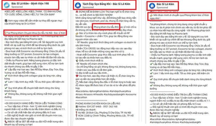 3 trang mạng xã hội gắn với Bác sĩ Lê Kiên quảng cáo dịch vụ da liễu có địa chỉ tại số 28 Bích Câu, nhưng có nhiều tên khác nhau.