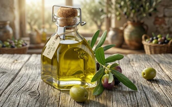 Dầu ô liu nguyên chất giàu acid béo không bão hòa, giúp gan khỏe mạnh. Ảnh minh họa AI