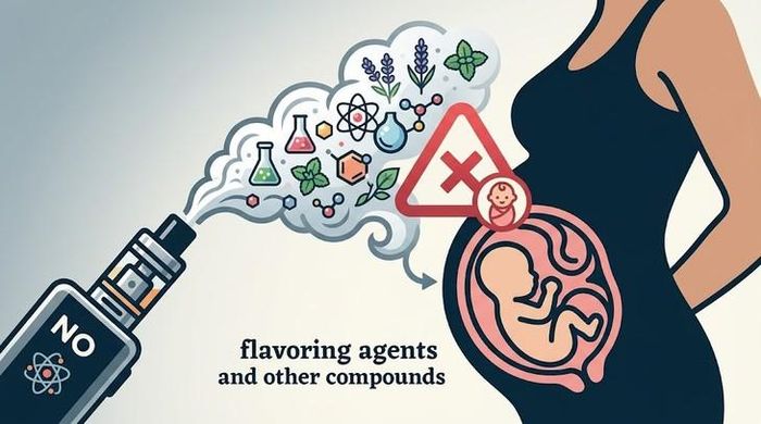 Sản phẩm vape ghi “không nicotine” vẫn có thể chứa chất tạo hương và các hợp chất khác, vì vậy không được xem là an toàn trong thai kỳ. Hình minh họa AI