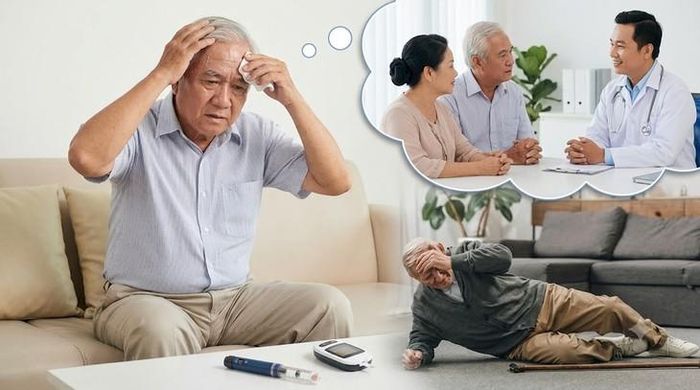 Người cao tuổi dùng insulin hoặc nhiều thuốc hạ đường huyết nên trao đổi với bác sĩ nếu thường xuyên chóng mặt, vã mồ hôi, lú lẫn hoặc té ngã. Hình minh họa AI